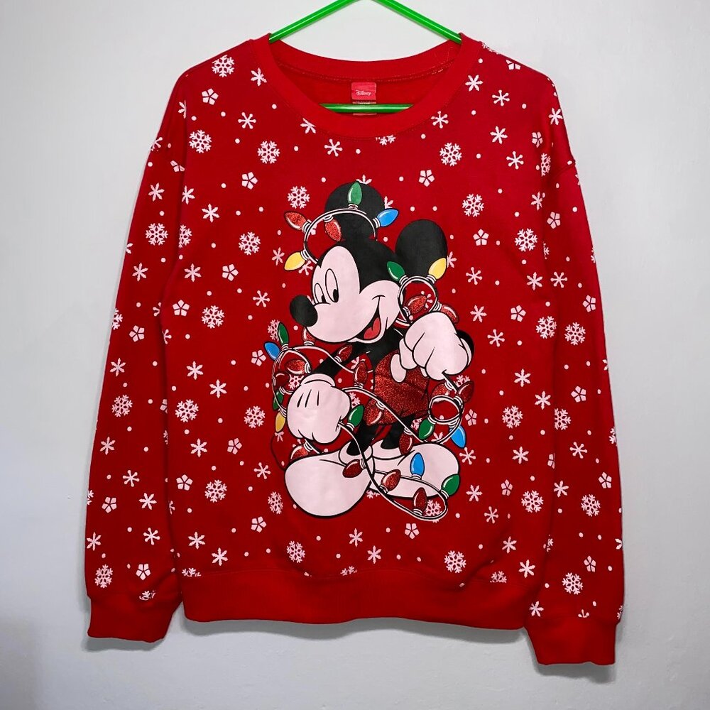 Disney Mickey Mouse Christmas Xmas Lights Pullover Crewneck Sweater Red Large - Picture 1 of 15